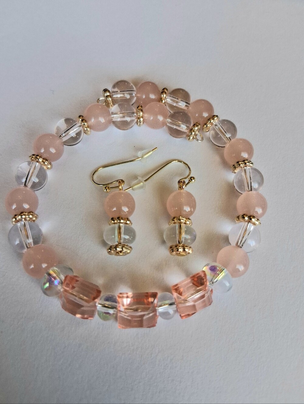 Delicate Peach Beaded Bracelet and Earring Set